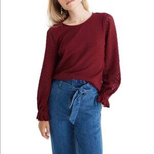 Madewell Texture & Thread Burgundy Knit Top Hobo, Eyelet Ruffle Sleeves, XS